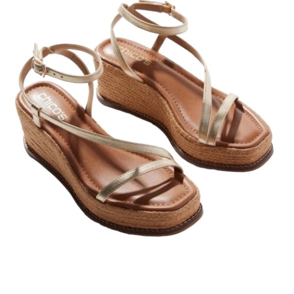 Chicos Shoes Women's Sz 9 Gold Carlina Wedge Espadrille Sandals Leather Boho NEW